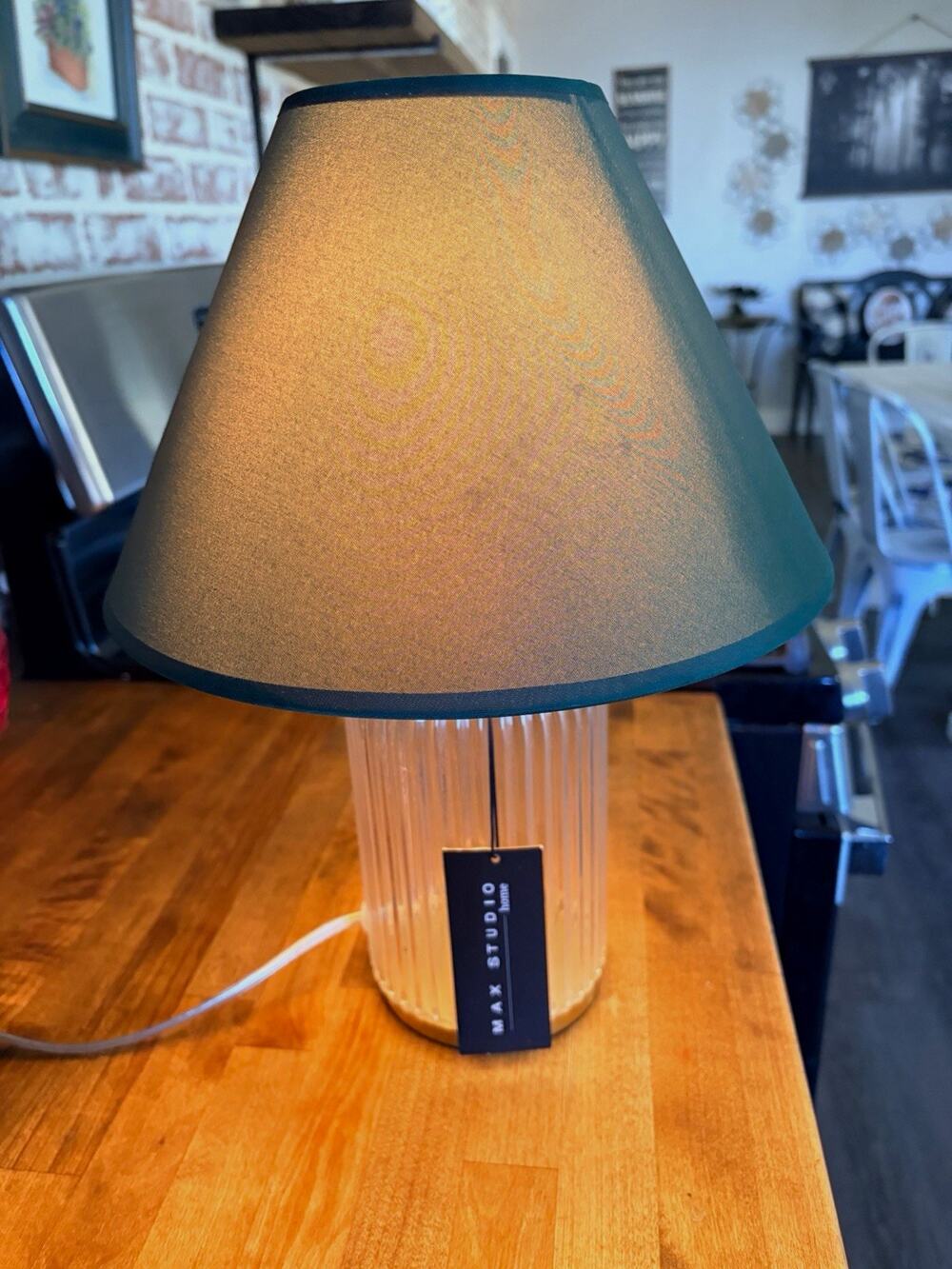 Max Studio Home Ribbed Clear Glass Table Lamp w/ Green Fabric Shade